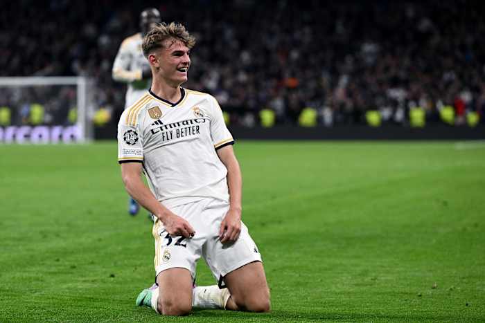 Nico Paz pictured celebrating after scoring the first goal of his Real Madrid career during a 4-2 win over Napoli in the UEFA Champions League in November 2023